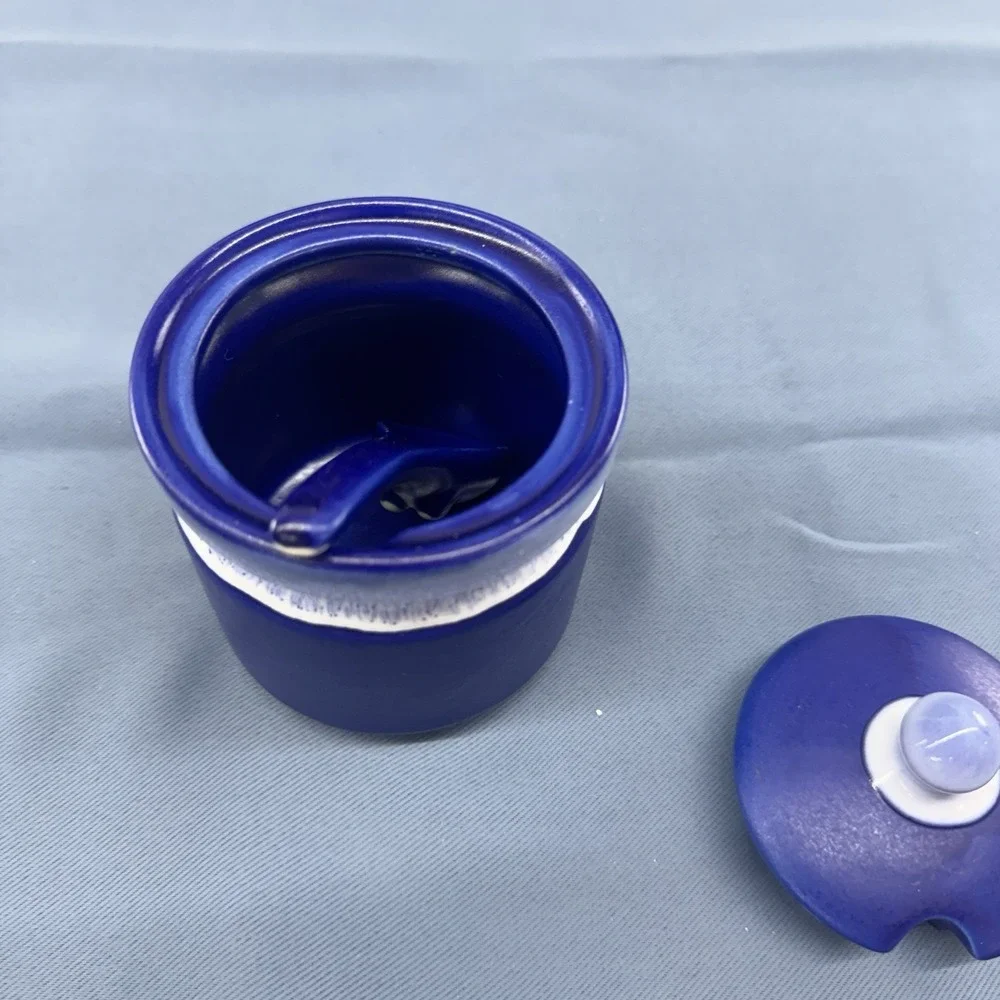 Blue & White  Pottery Sugar Bowl With Spoon